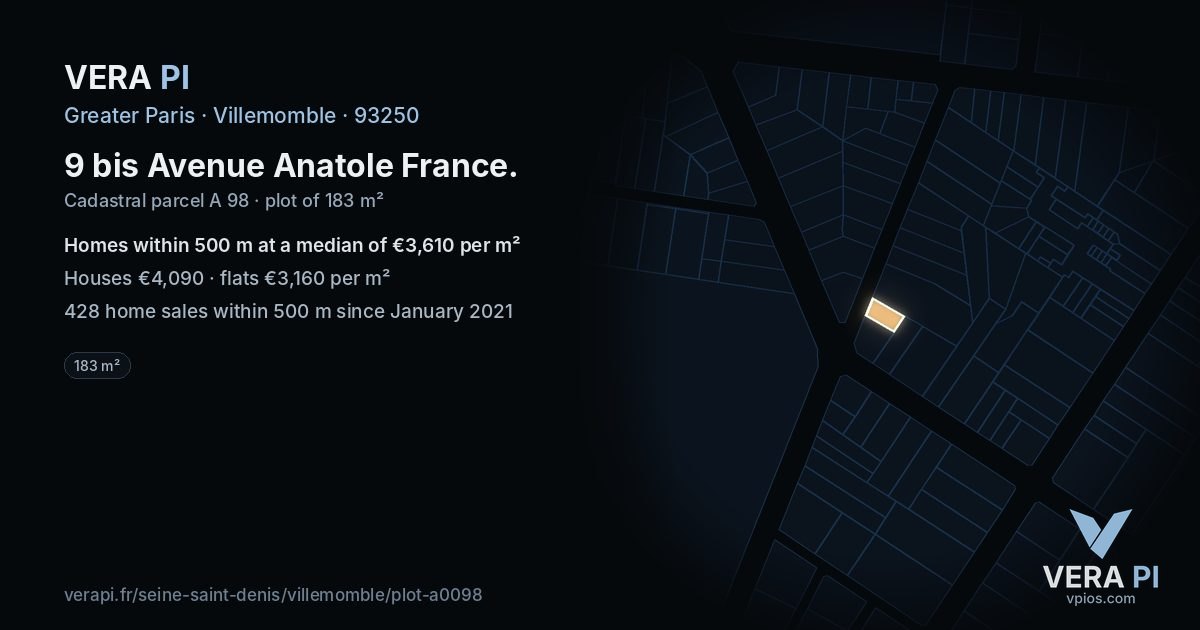 9 bis Avenue Anatole France, Villemomble at night – the plot lit, the parcels around coloured by the prices near them