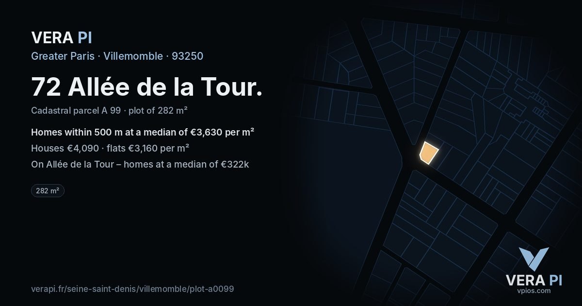 72 Allée de la Tour, Villemomble at night – the plot lit, the parcels around coloured by the prices near them