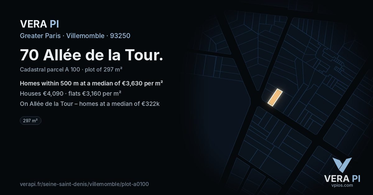70 Allée de la Tour, Villemomble at night – the plot lit, the parcels around coloured by the prices near them