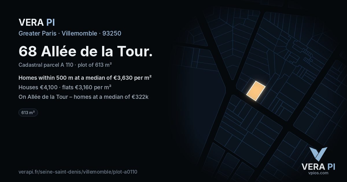 68 Allée de la Tour, Villemomble at night – the plot lit, the parcels around coloured by the prices near them