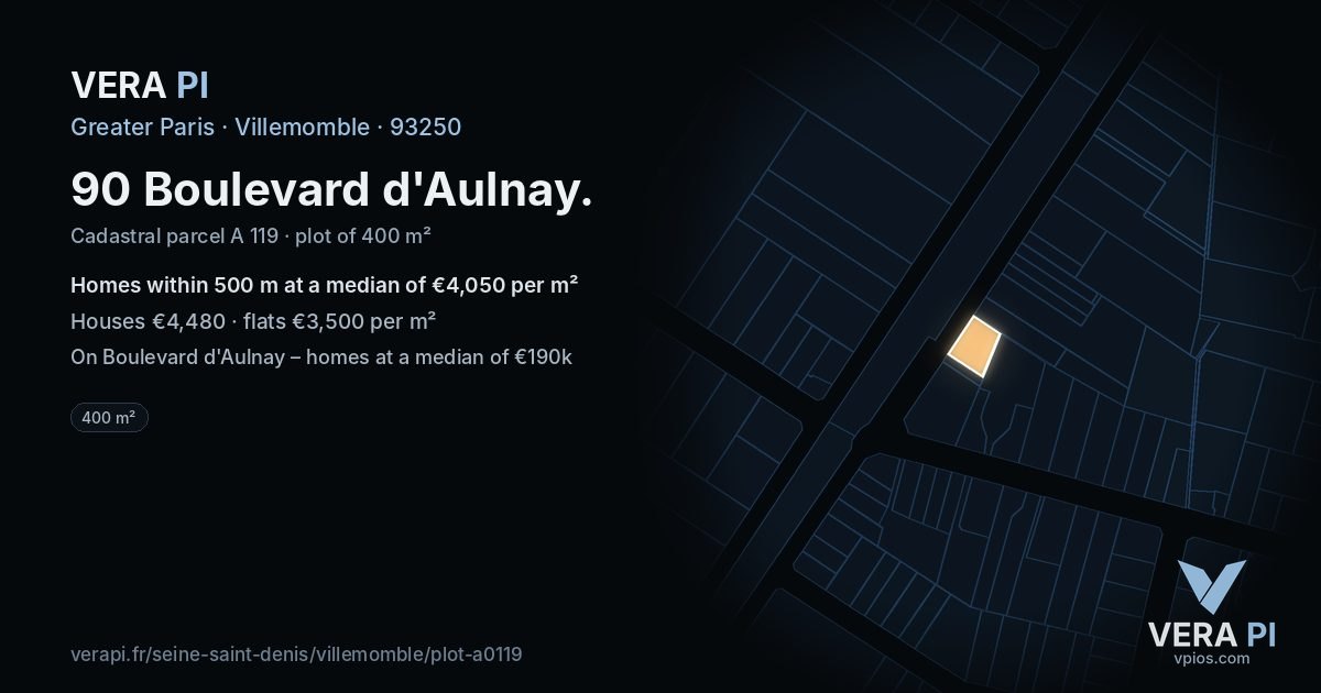 90 Boulevard d'Aulnay, Villemomble at night – the plot lit, the parcels around coloured by the prices near them
