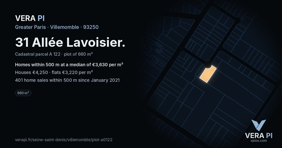 31 Allée Lavoisier, Villemomble at night – the plot lit, the parcels around coloured by the prices near them