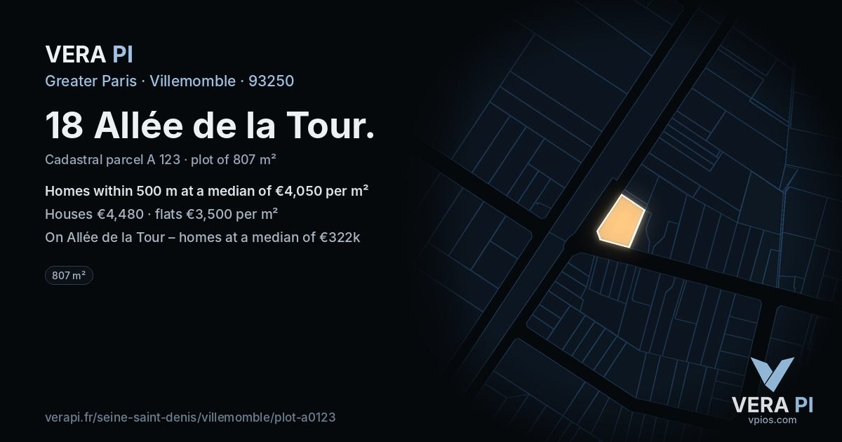 18 Allée de la Tour, Villemomble at night – the plot lit, the parcels around coloured by the prices near them