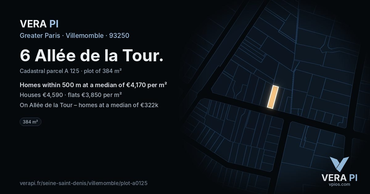 6 Allée de la Tour, Villemomble at night – the plot lit, the parcels around coloured by the prices near them