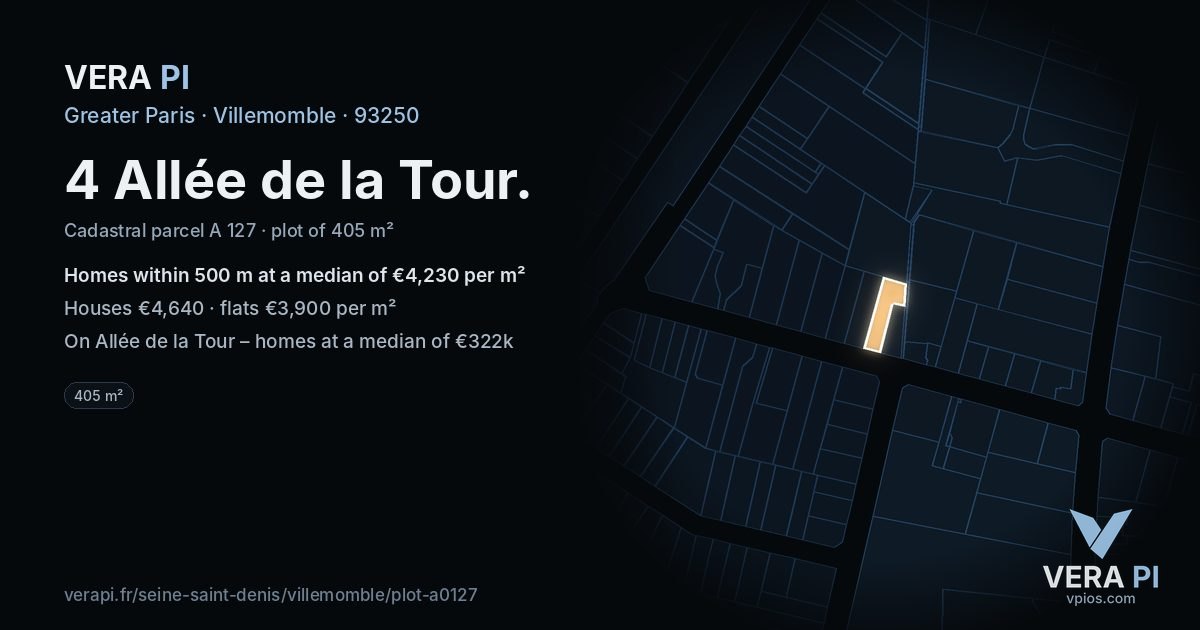 4 Allée de la Tour, Villemomble at night – the plot lit, the parcels around coloured by the prices near them