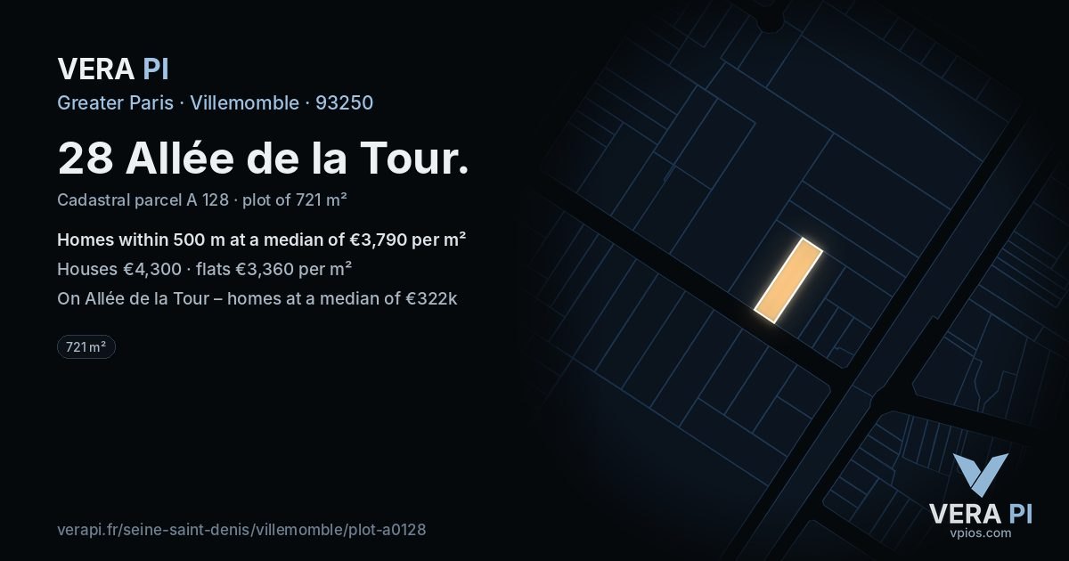 28 Allée de la Tour, Villemomble at night – the plot lit, the parcels around coloured by the prices near them