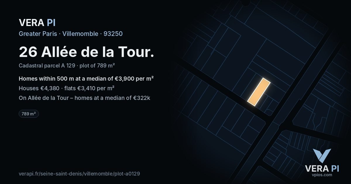 26 Allée de la Tour, Villemomble at night – the plot lit, the parcels around coloured by the prices near them