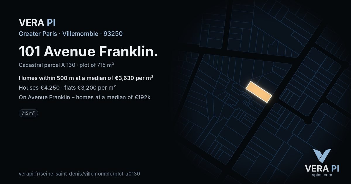 101 Avenue Franklin, Villemomble at night – the plot lit, the parcels around coloured by the prices near them