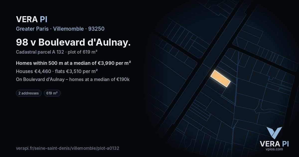 98 v Boulevard d'Aulnay, Villemomble at night – the plot lit, the parcels around coloured by the prices near them