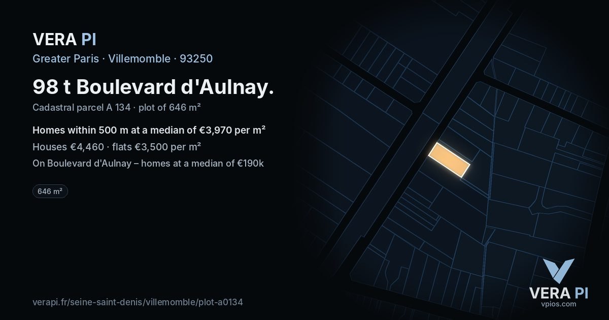 98 t Boulevard d'Aulnay, Villemomble at night – the plot lit, the parcels around coloured by the prices near them