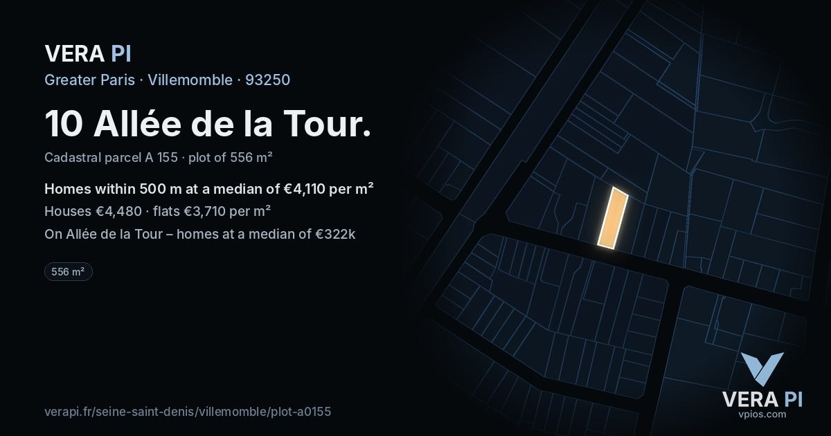 10 Allée de la Tour, Villemomble at night – the plot lit, the parcels around coloured by the prices near them