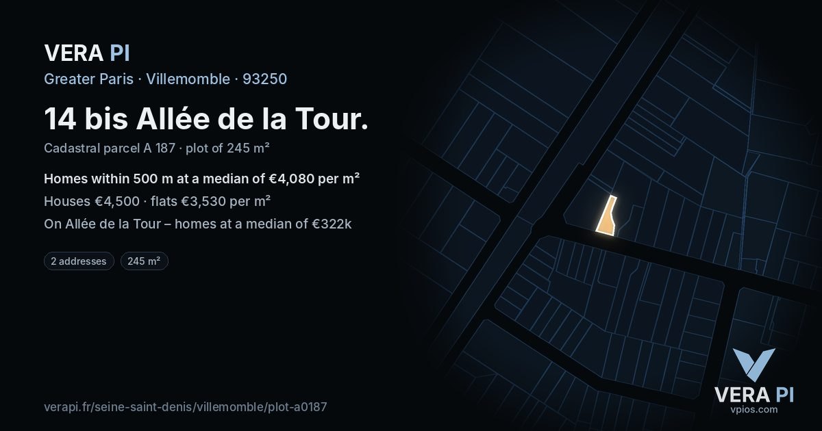 14 bis Allée de la Tour, Villemomble at night – the plot lit, the parcels around coloured by the prices near them