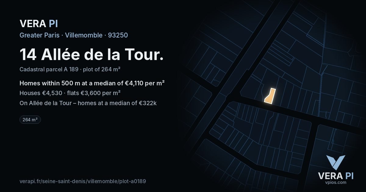 14 Allée de la Tour, Villemomble at night – the plot lit, the parcels around coloured by the prices near them
