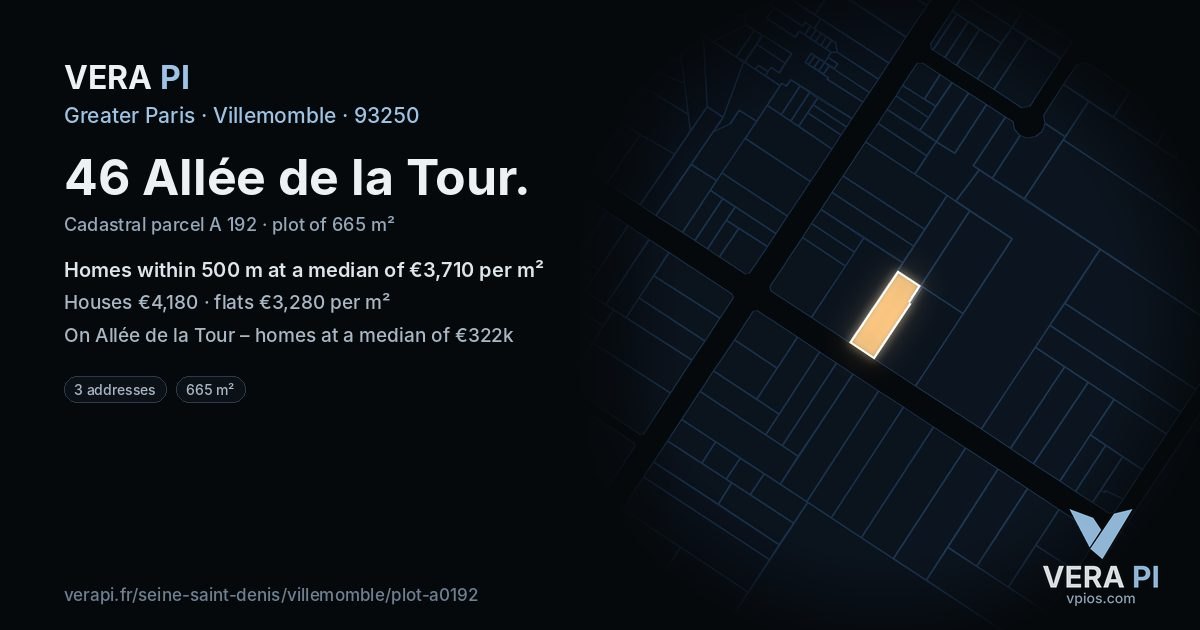 46 Allée de la Tour, Villemomble at night – the plot lit, the parcels around coloured by the prices near them