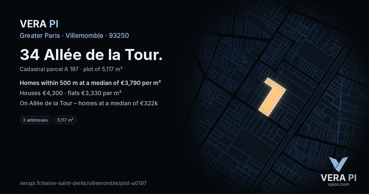 34 Allée de la Tour, Villemomble at night – the plot lit, the parcels around coloured by the prices near them