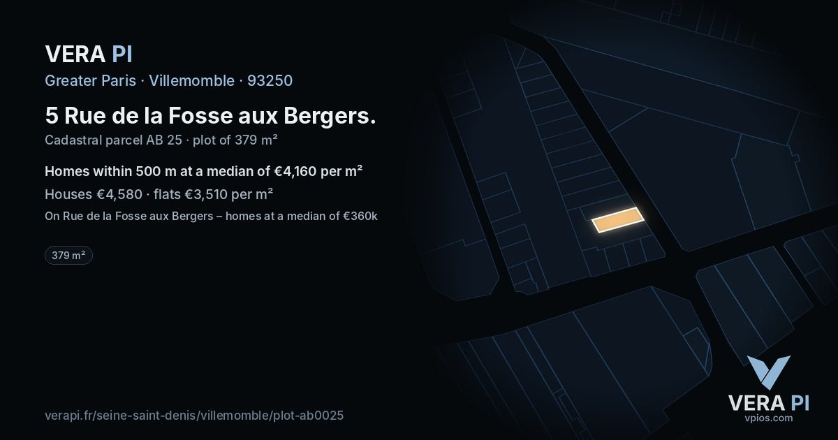 5 Rue de la Fosse aux Bergers, Villemomble at night – the plot lit, the parcels around coloured by the prices near them