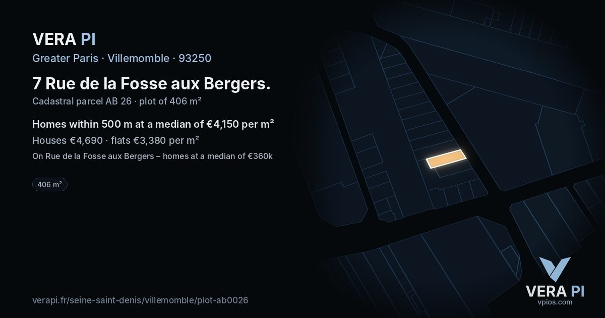 7 Rue de la Fosse aux Bergers, Villemomble at night – the plot lit, the parcels around coloured by the prices near them