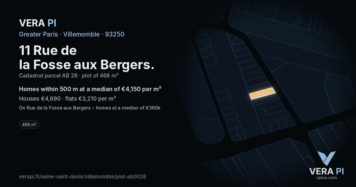 11 Rue de la Fosse aux Bergers, Villemomble at night – the plot lit, the parcels around coloured by the prices near them
