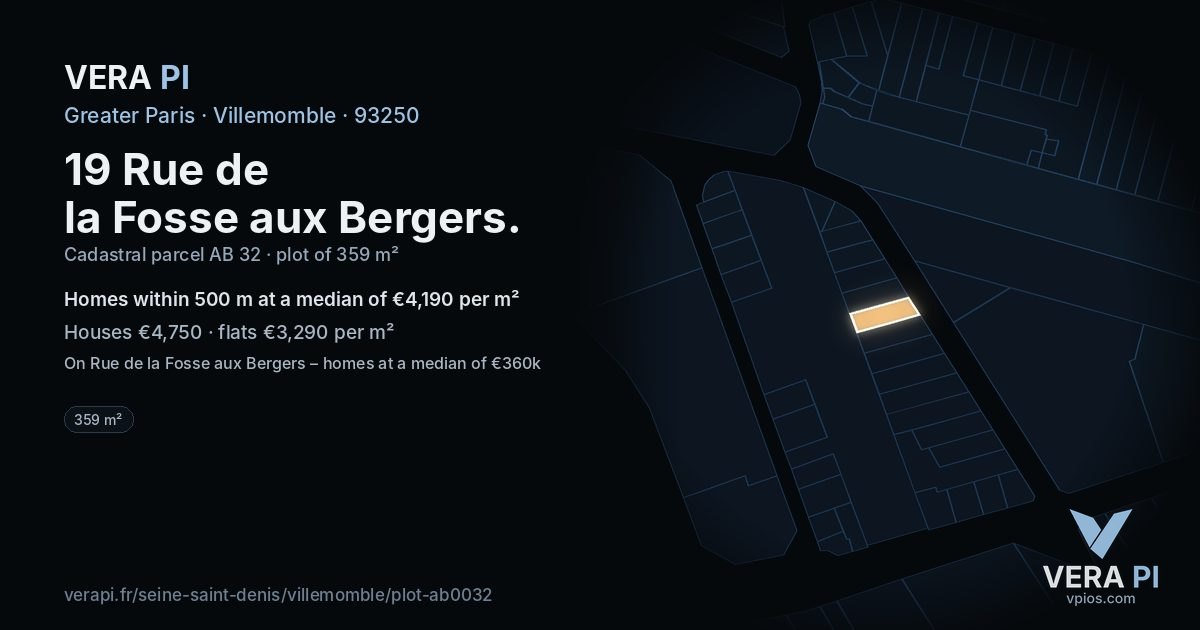 19 Rue de la Fosse aux Bergers, Villemomble at night – the plot lit, the parcels around coloured by the prices near them