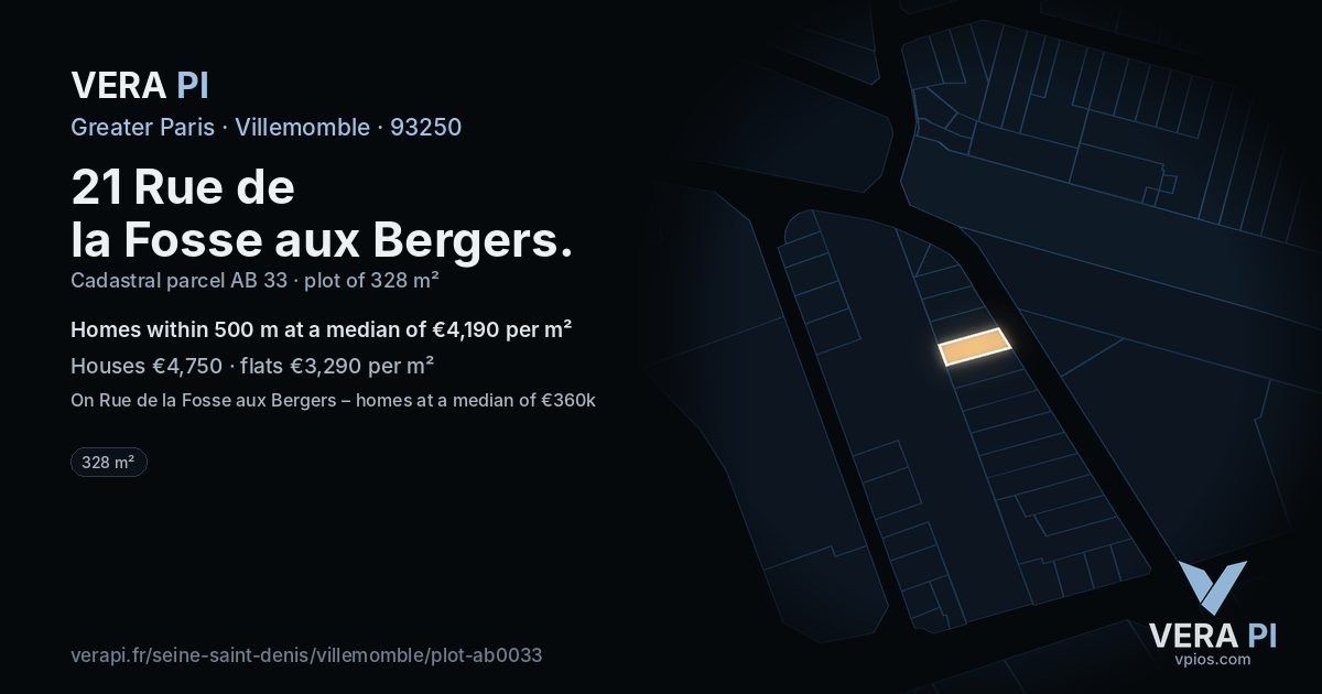 21 Rue de la Fosse aux Bergers, Villemomble at night – the plot lit, the parcels around coloured by the prices near them