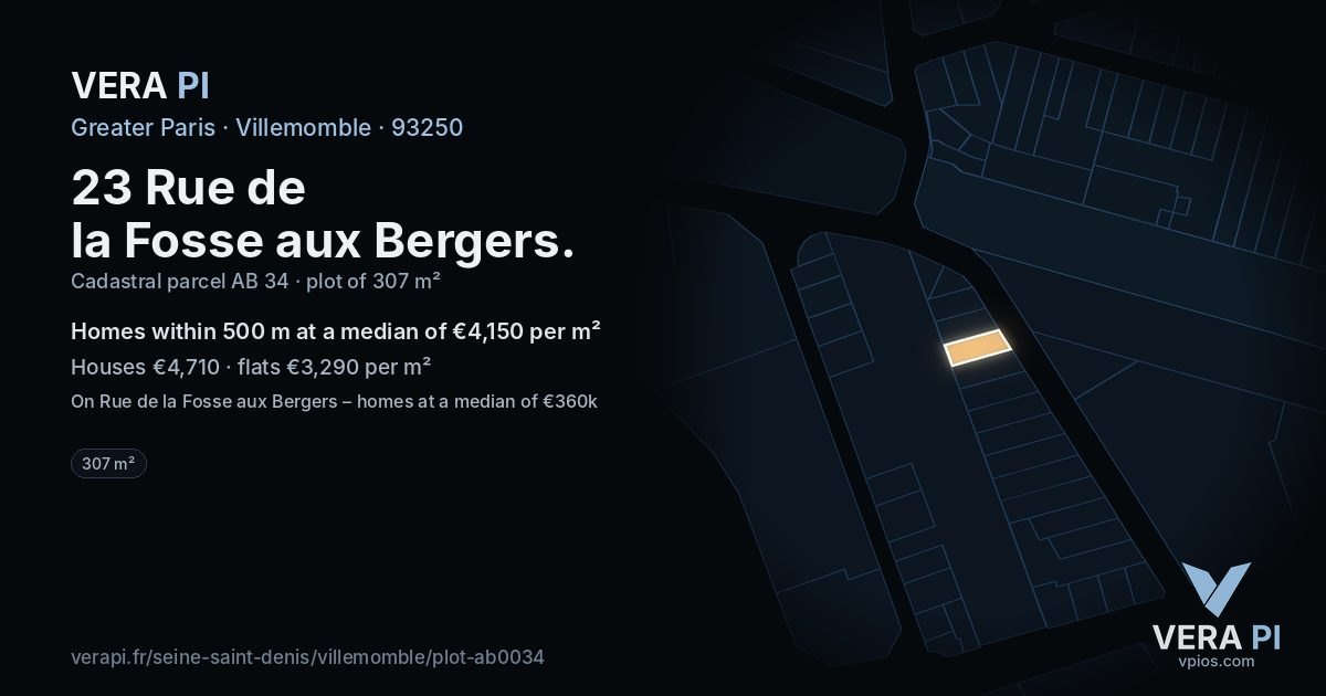 23 Rue de la Fosse aux Bergers, Villemomble at night – the plot lit, the parcels around coloured by the prices near them