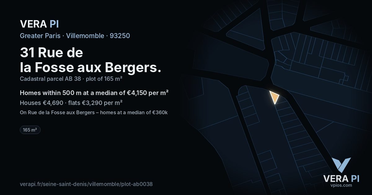 31 Rue de la Fosse aux Bergers, Villemomble at night – the plot lit, the parcels around coloured by the prices near them