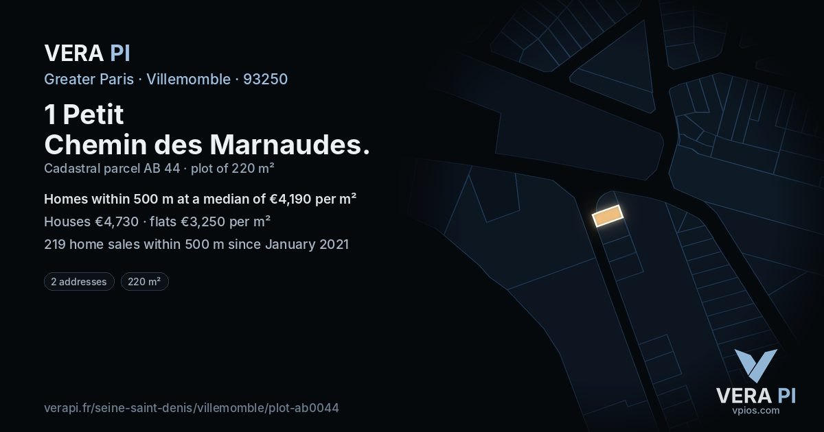 1 Petit Chemin des Marnaudes, Villemomble at night – the plot lit, the parcels around coloured by the prices near them