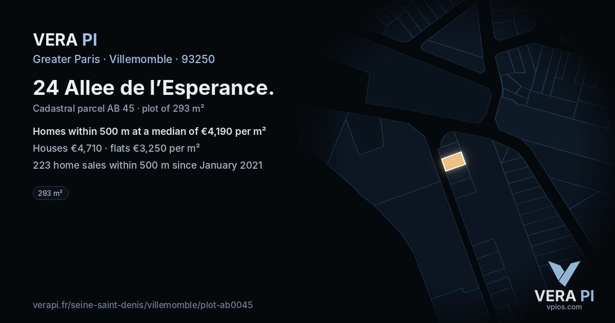 24 Allee de l’Esperance, Villemomble at night – the plot lit, the parcels around coloured by the prices near them