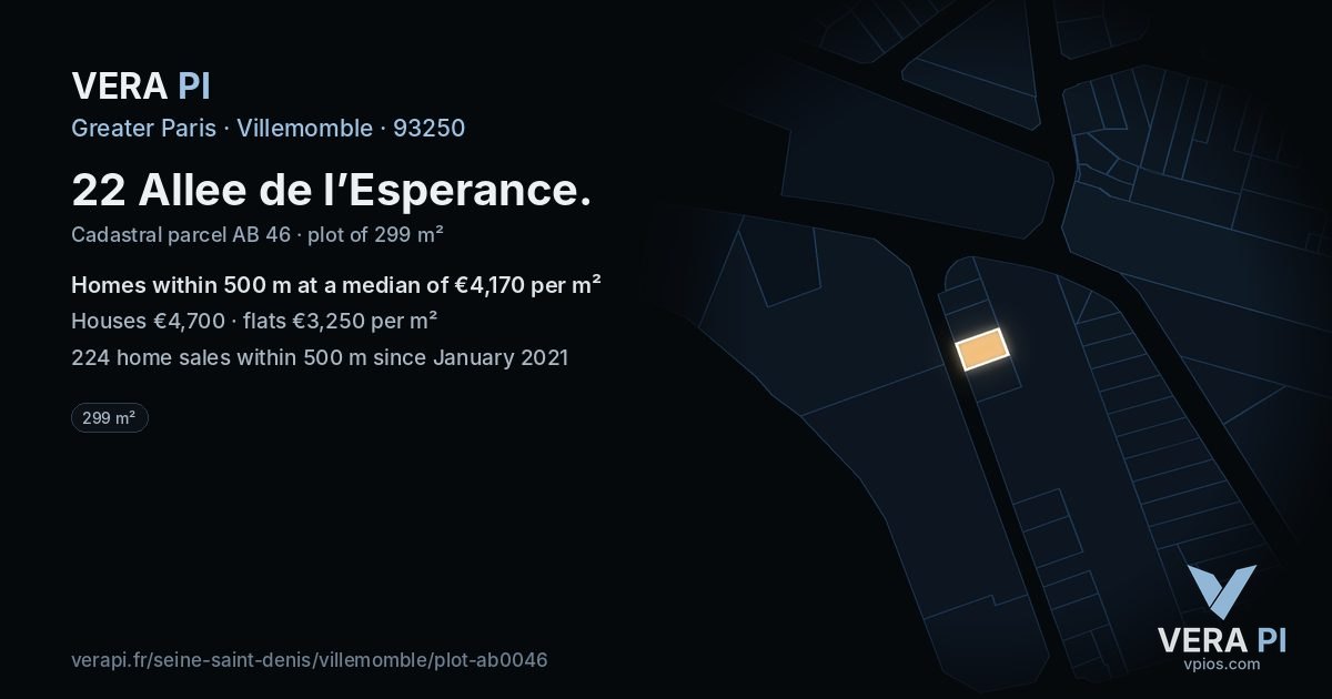 22 Allee de l’Esperance, Villemomble at night – the plot lit, the parcels around coloured by the prices near them