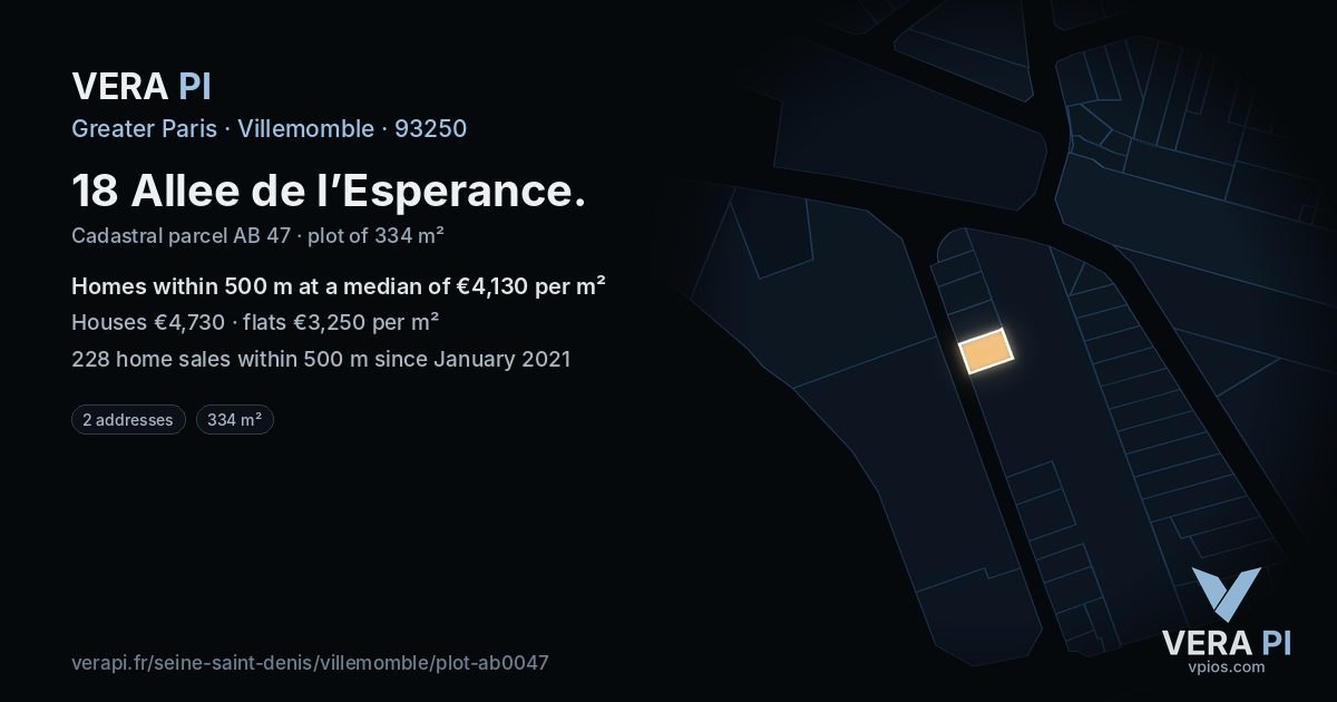 18 Allee de l’Esperance, Villemomble at night – the plot lit, the parcels around coloured by the prices near them