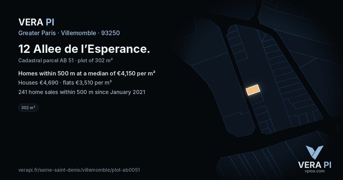 12 Allee de l’Esperance, Villemomble at night – the plot lit, the parcels around coloured by the prices near them