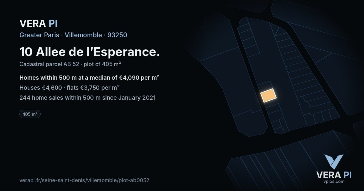 10 Allee de l’Esperance, Villemomble at night – the plot lit, the parcels around coloured by the prices near them