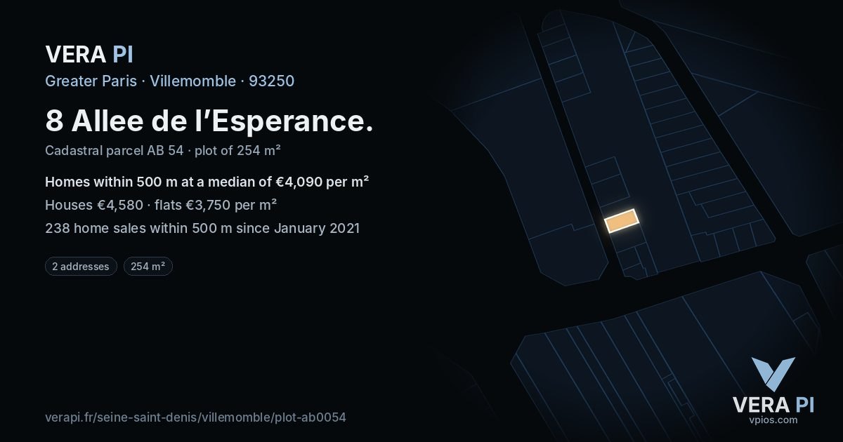 8 Allee de l’Esperance, Villemomble at night – the plot lit, the parcels around coloured by the prices near them