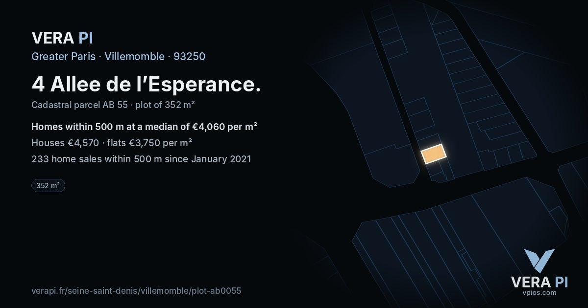 4 Allee de l’Esperance, Villemomble at night – the plot lit, the parcels around coloured by the prices near them