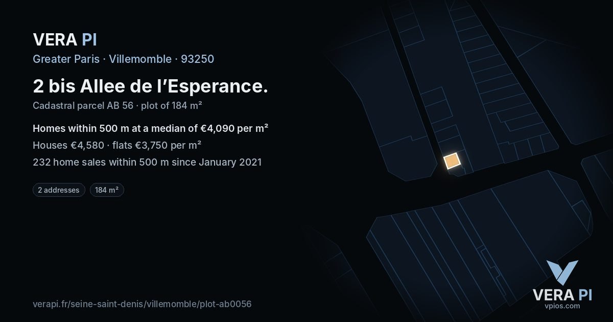 2 bis Allee de l’Esperance, Villemomble at night – the plot lit, the parcels around coloured by the prices near them