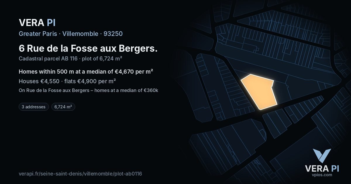 6 Rue de la Fosse aux Bergers, Villemomble at night – the plot lit, the parcels around coloured by the prices near them