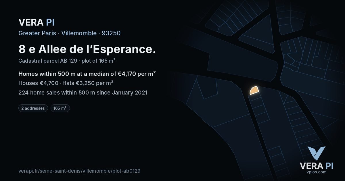 8 e Allee de l’Esperance, Villemomble at night – the plot lit, the parcels around coloured by the prices near them