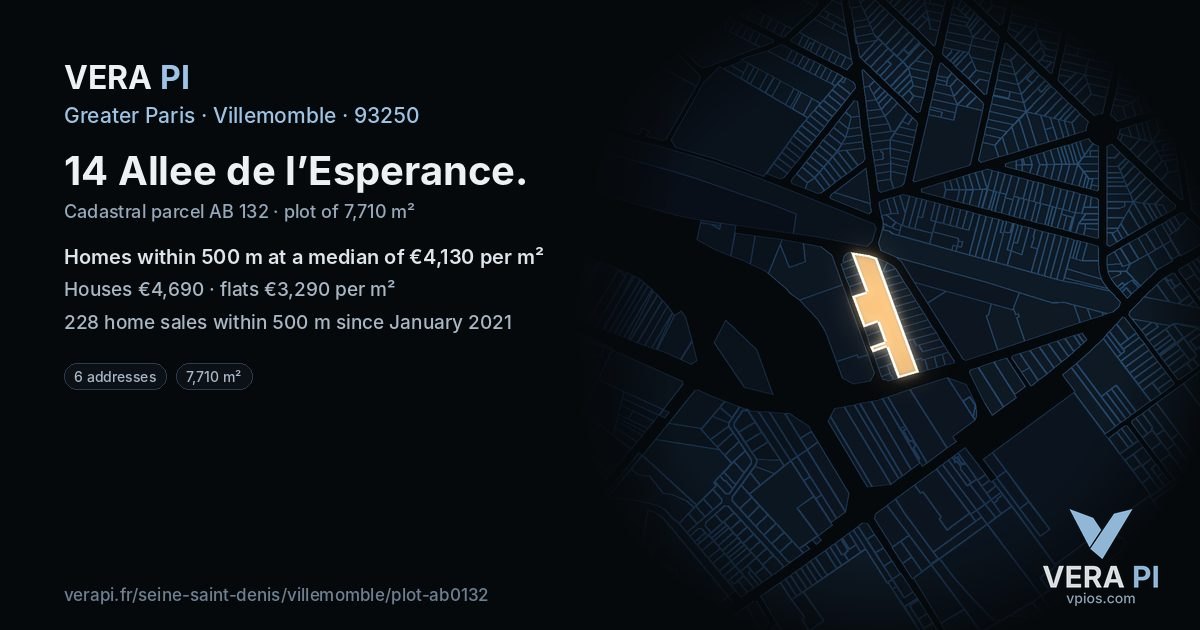 14 Allee de l’Esperance, Villemomble at night – the plot lit, the parcels around coloured by the prices near them