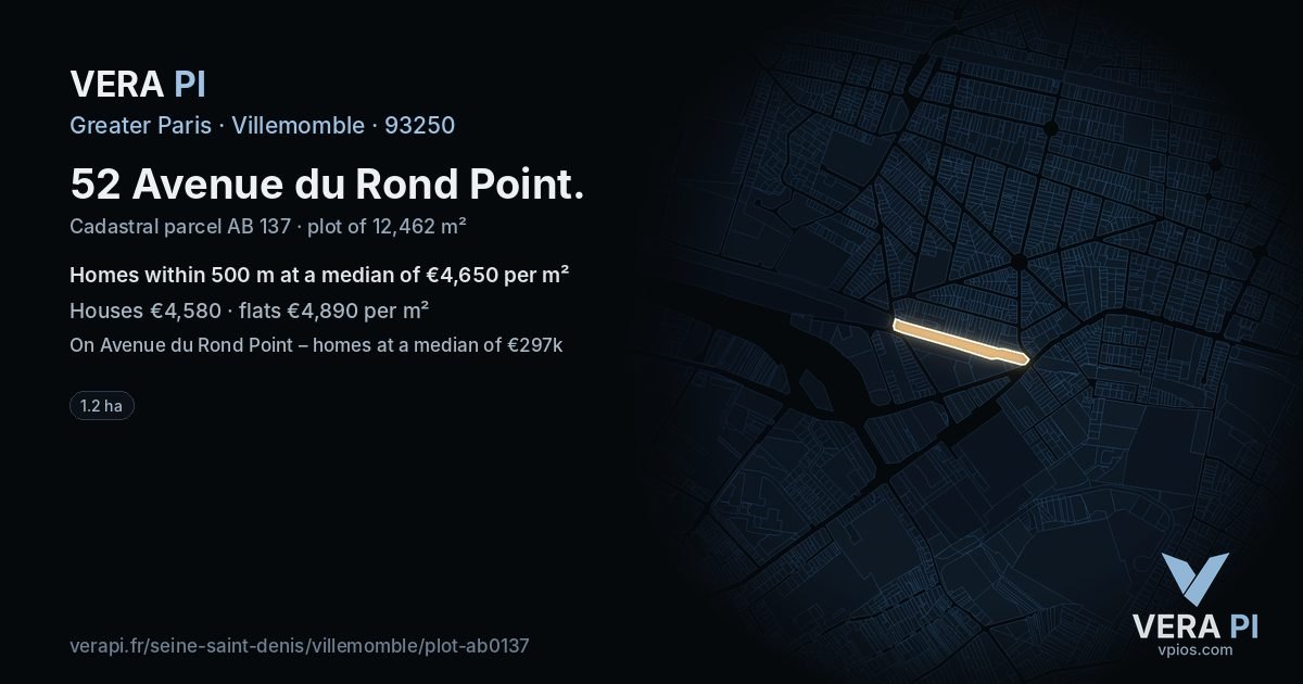 52 Avenue du Rond Point, Villemomble at night – the plot lit, the parcels around coloured by the prices near them