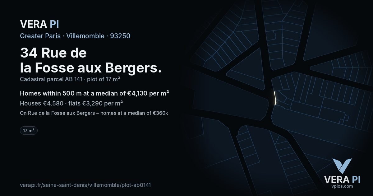 34 Rue de la Fosse aux Bergers, Villemomble at night – the plot lit, the parcels around coloured by the prices near them