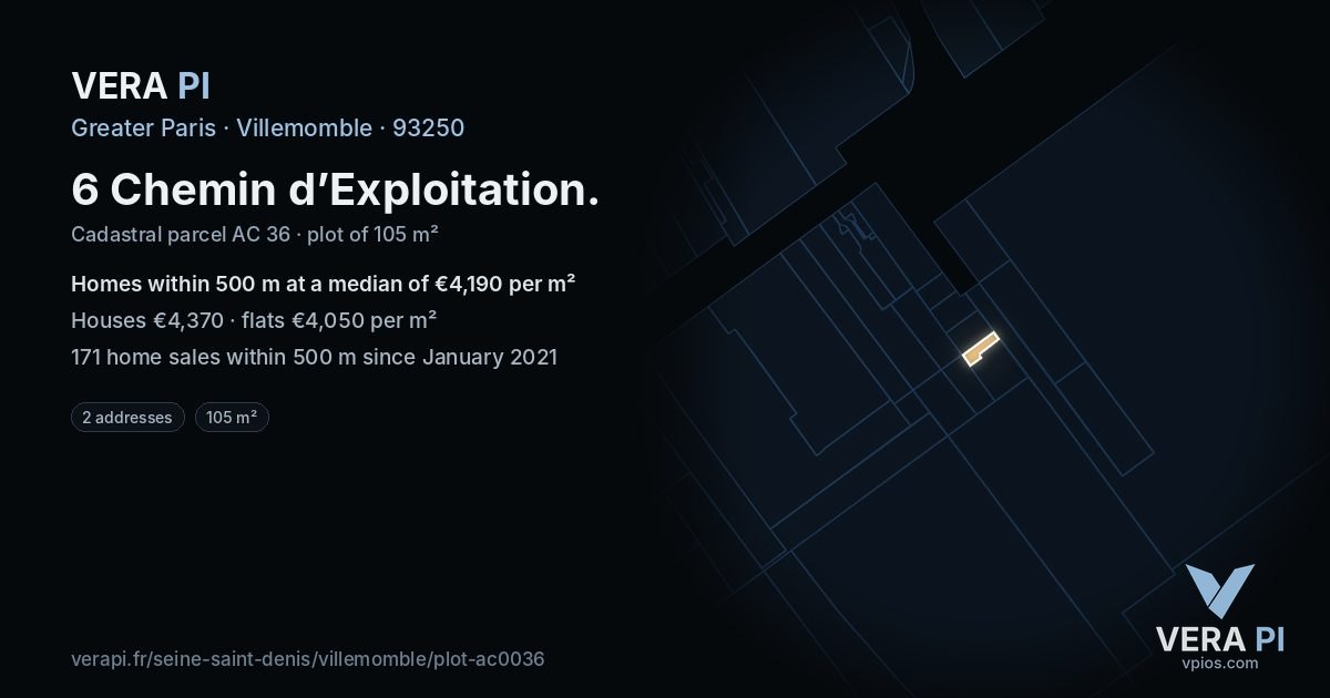 6 Chemin d’Exploitation, Villemomble at night – the plot lit, the parcels around coloured by the prices near them