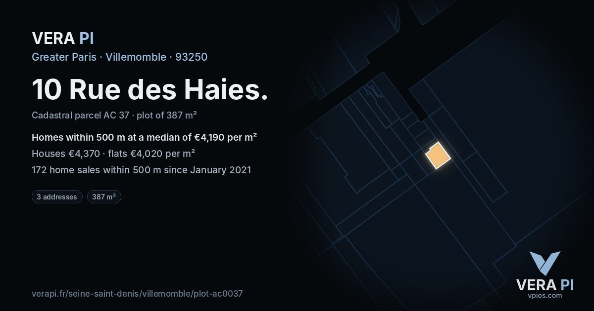 10 Rue des Haies, Villemomble at night – the plot lit, the parcels around coloured by the prices near them