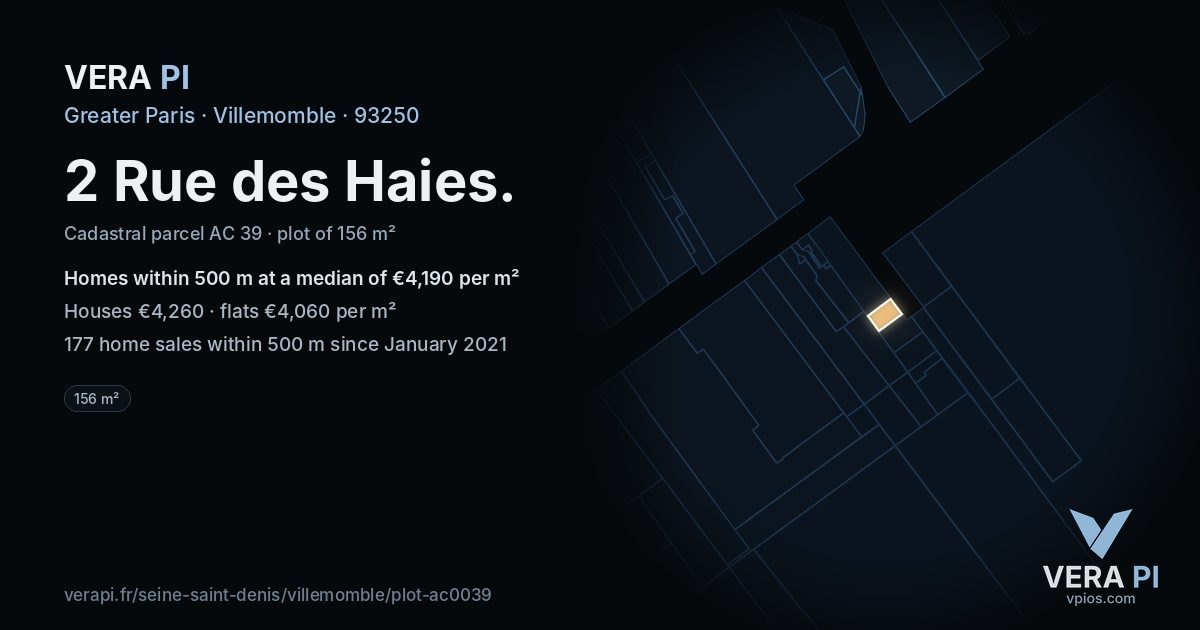 2 Rue des Haies, Villemomble at night – the plot lit, the parcels around coloured by the prices near them