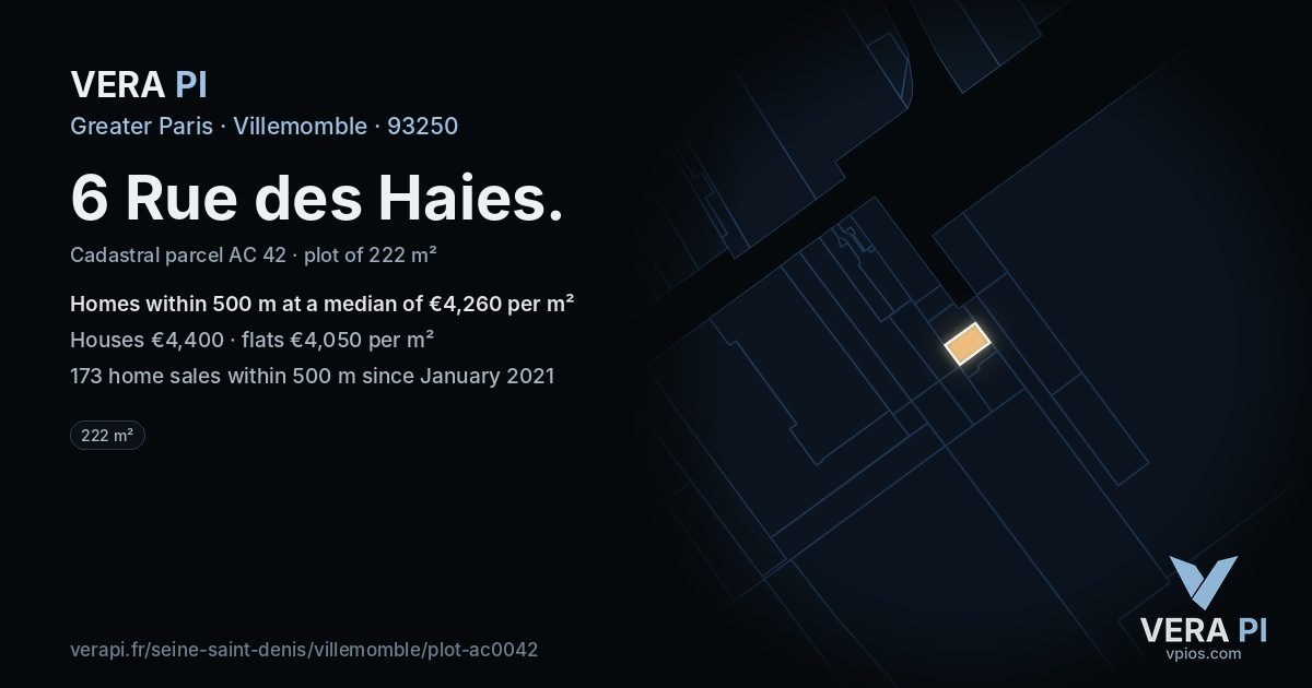 6 Rue des Haies, Villemomble at night – the plot lit, the parcels around coloured by the prices near them