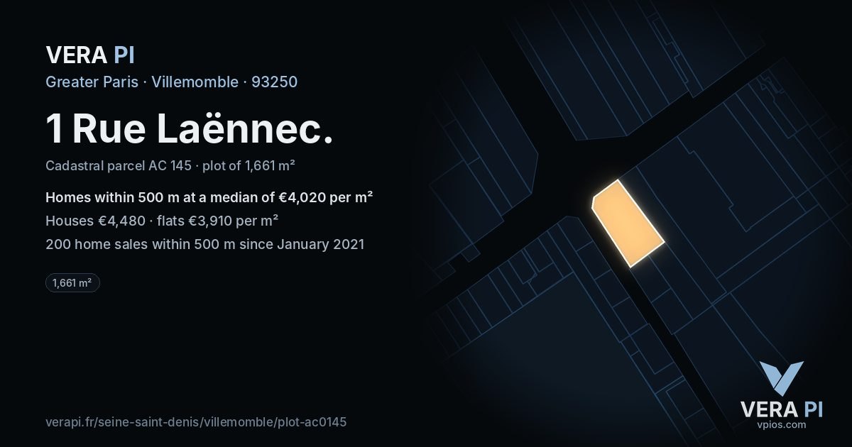 1 Rue Laënnec, Villemomble at night – the plot lit, the parcels around coloured by the prices near them