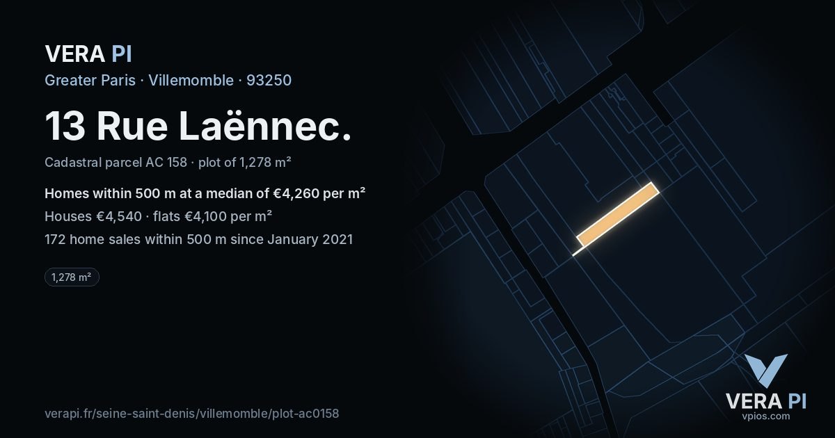 13 Rue Laënnec, Villemomble at night – the plot lit, the parcels around coloured by the prices near them