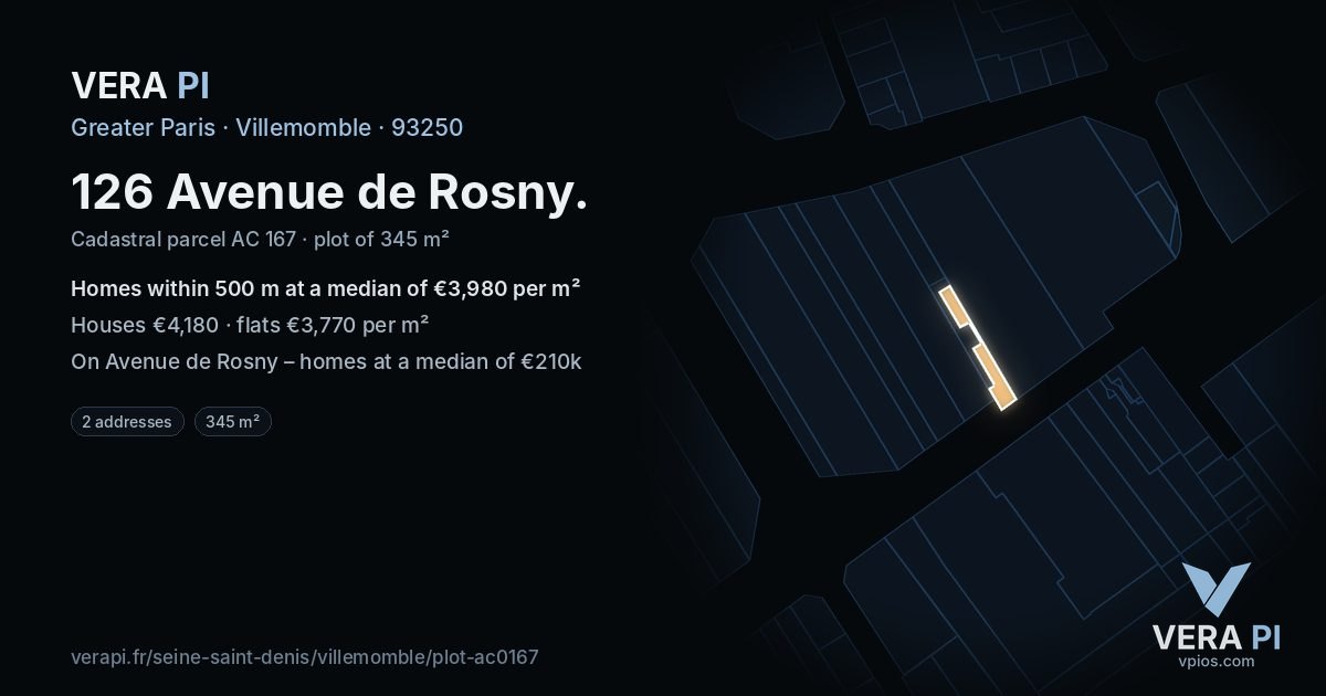 126 Avenue de Rosny, Villemomble at night – the plot lit, the parcels around coloured by the prices near them