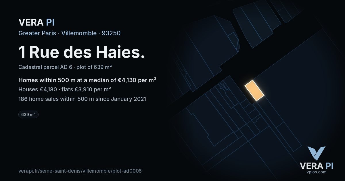 1 Rue des Haies, Villemomble at night – the plot lit, the parcels around coloured by the prices near them