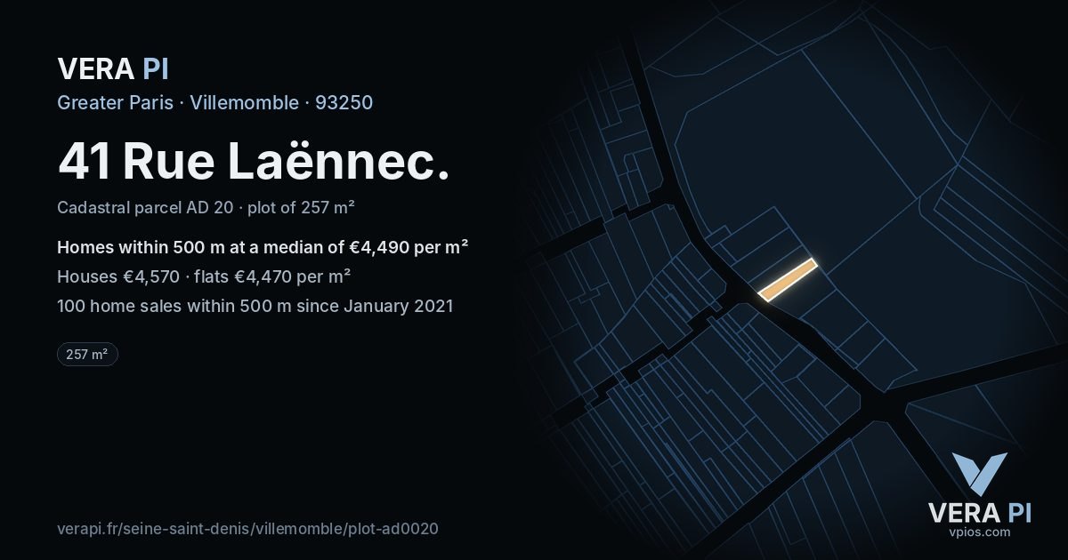 41 Rue Laënnec, Villemomble at night – the plot lit, the parcels around coloured by the prices near them
