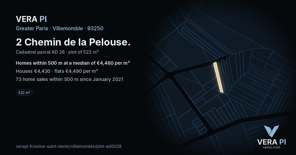 2 Chemin de la Pelouse, Villemomble at night – the plot lit, the parcels around coloured by the prices near them